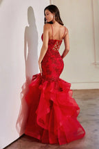 Abiti da sera lunghi da donna in tulle con applicazioni di pizzo, stile sirena, volant e scintillanti per feste formali
