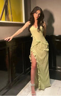 Vestido de noite amarelo longo com fenda sexy e folhos Y7659