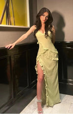 Vestido de noite amarelo longo com fenda sexy e folhos Y7659