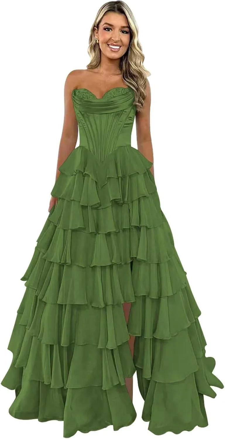 Abito da sera formale lungo a balze in chiffon con spacco, corpetto senza spalline, abito da ballo 2025 per donna