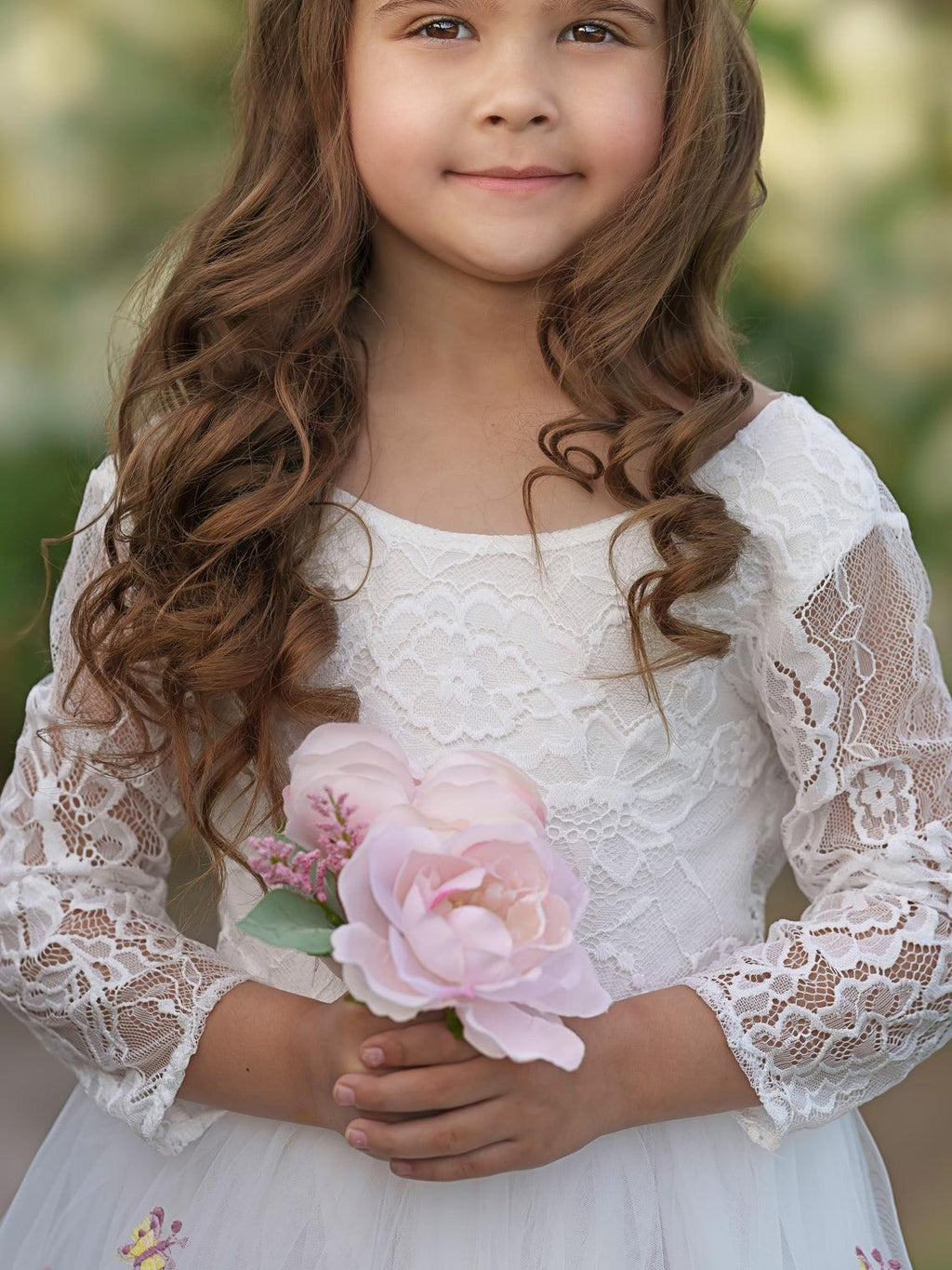 White Floral Lace Tulle Flower Girl Dress A Line Long Sleeve Floor Length