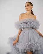Robe de Tule Ruffles para Sessão Fotográfica de Gravidez Robe Transparente de Ombros Descobertos para Gravidez Vestido de Baile para Chá de Bebé