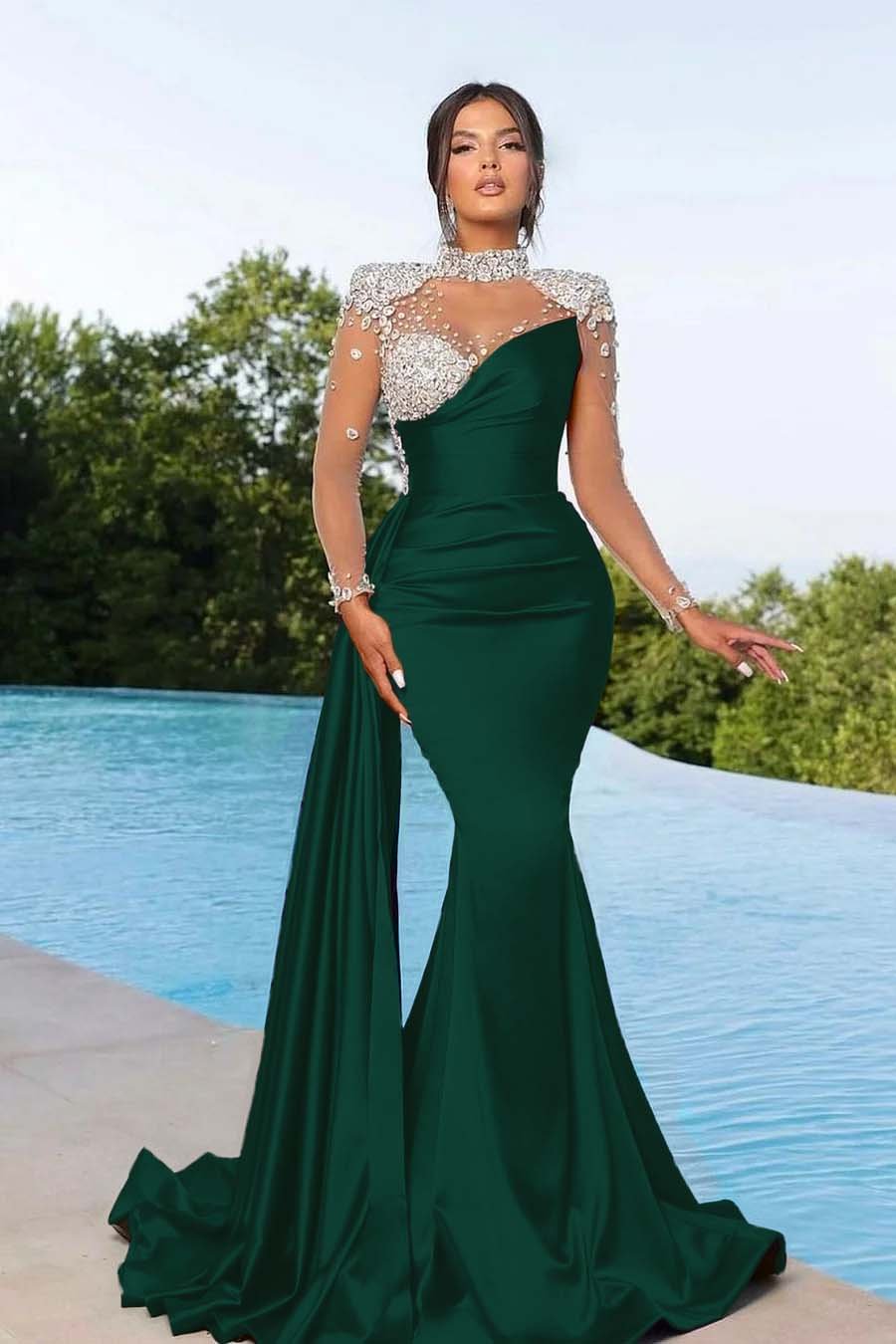 Bmbridal Purple Long Sleeves Mermaid Ruffle Gown With Crystals