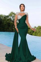 Bmbridal Purple Long Sleeves Mermaid Ruffle Gown With Crystals