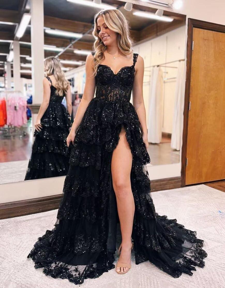 Abito da sera lungo formale 2025 con corsetto, spalline sottili, balze di pizzo e tulle scintillanti, con spacco