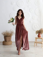 Vestido de Dama de Honra de Veludo com Decote em V, Comprido, para Festa Formal Feminina com Fenda