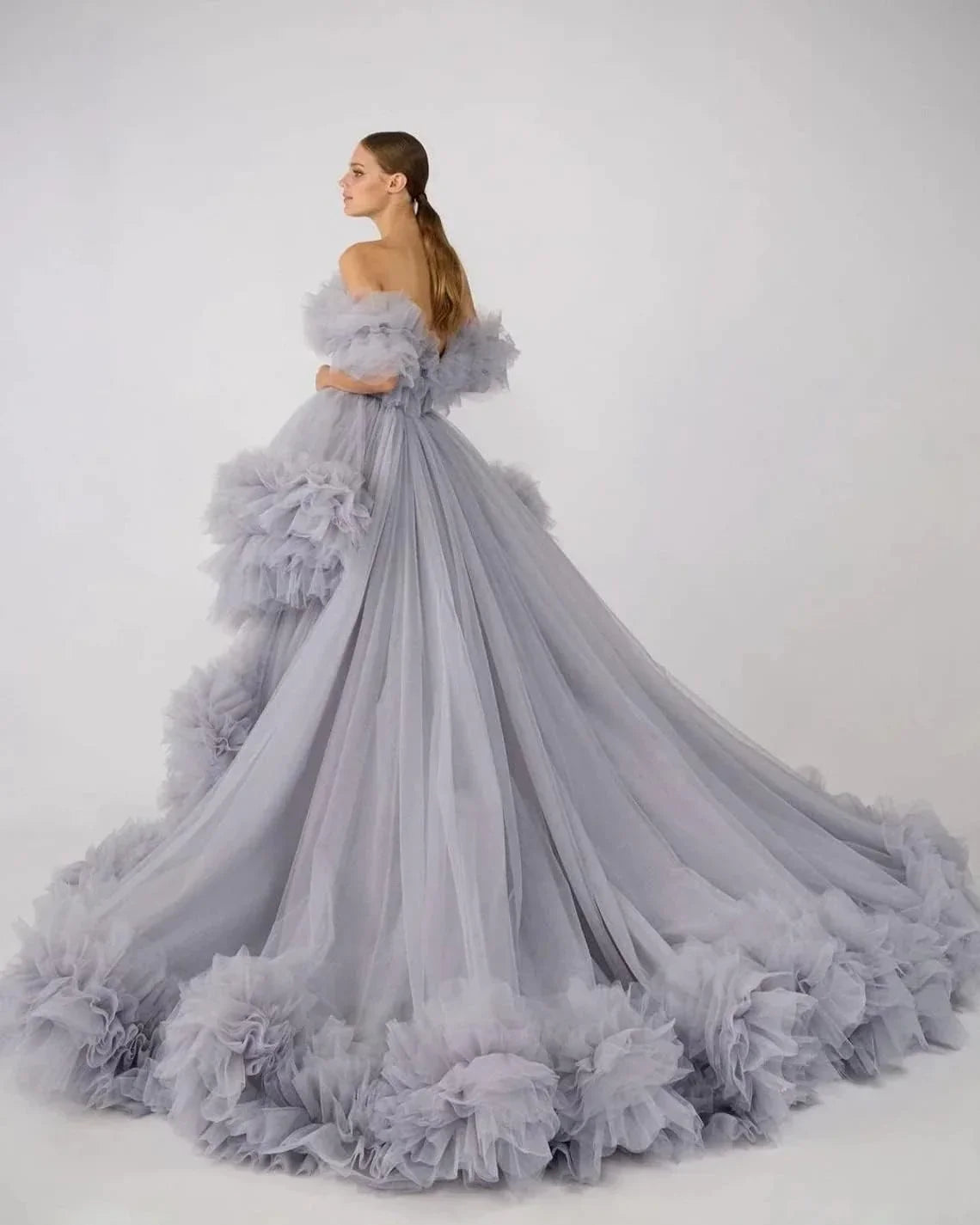 Vestaglia di Tulle a Balze per Servizio Fotografico di Gravidanza Vestaglia Trasparente a Spalle Scoperte per Gravidanza Abito per Festa Premaman e Baby Shower