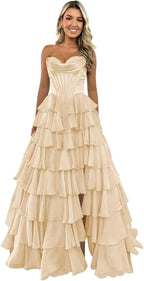 Abito da sera formale lungo a balze in chiffon con spacco, corpetto senza spalline, abito da ballo 2025 per donna