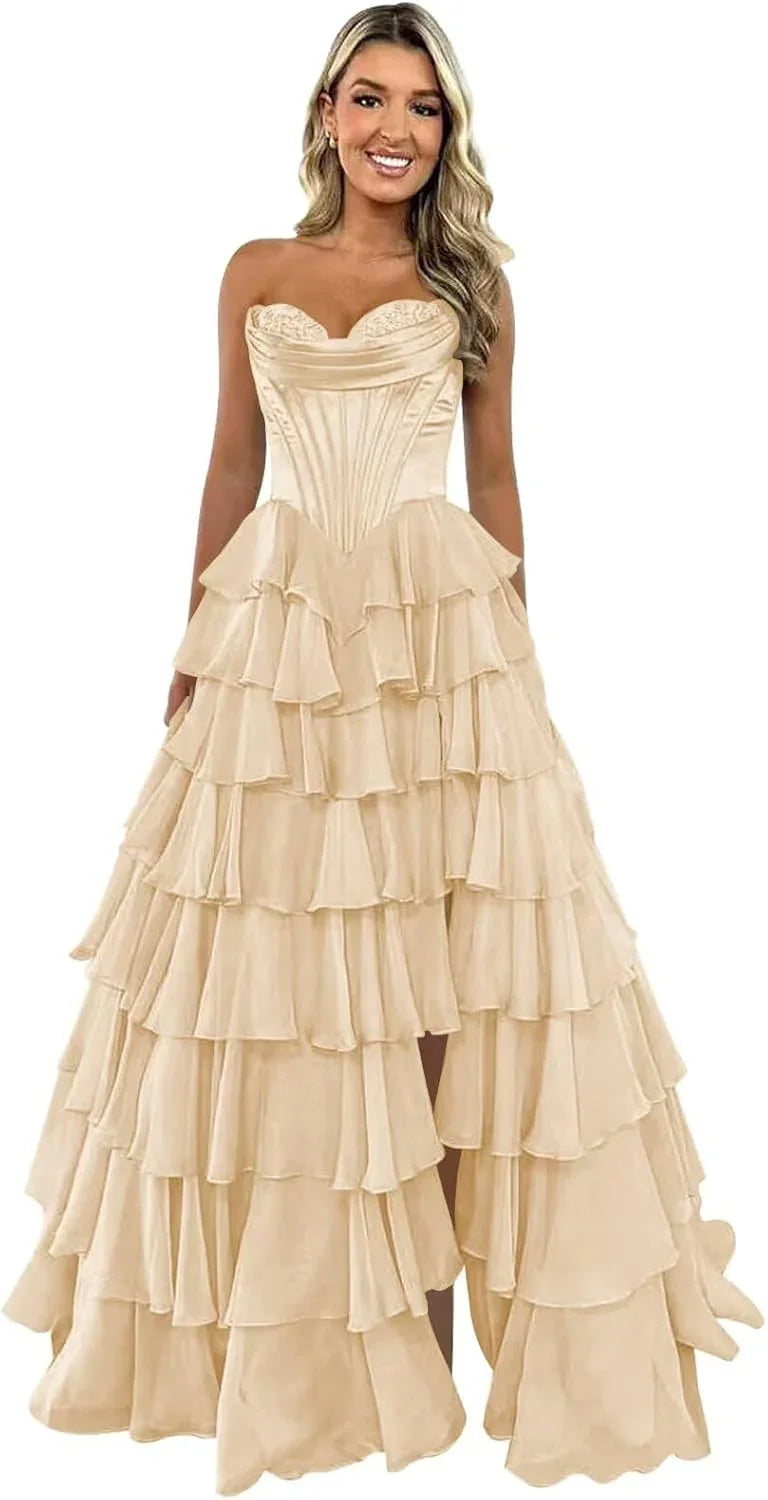 Abito da sera formale lungo a balze in chiffon con spacco, corpetto senza spalline, abito da ballo 2025 per donna
