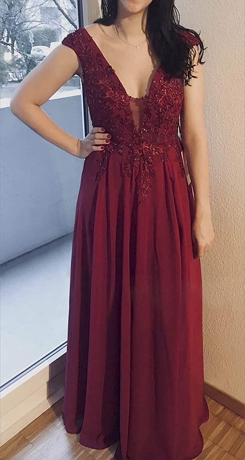 Robe de demoiselle d'honneur en tissu à appliques, longue, col en V profond, ornée de perles, robe d'invitée de mariage avec fente