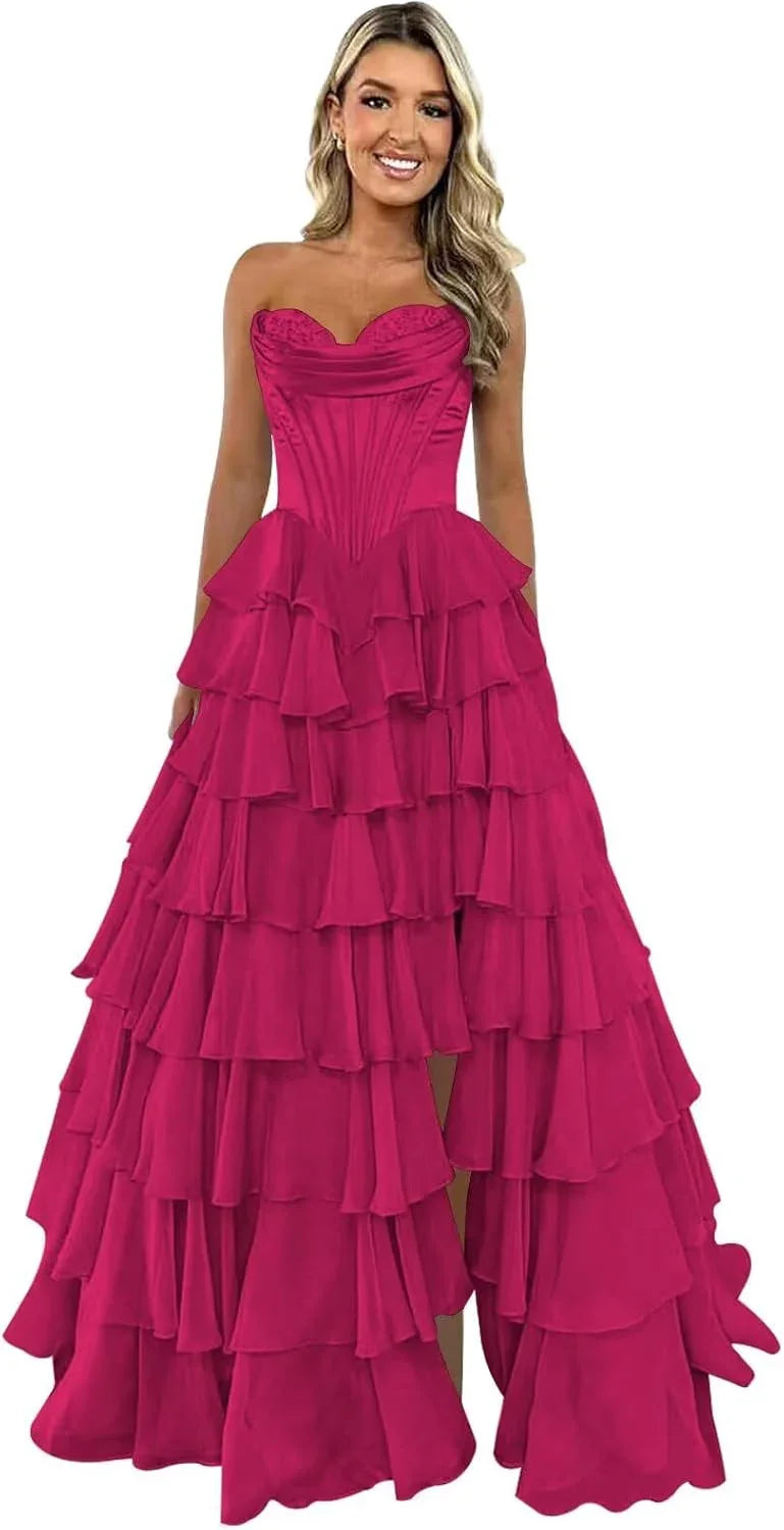 Abito da sera formale lungo a balze in chiffon con spacco, corpetto senza spalline, abito da ballo 2025 per donna