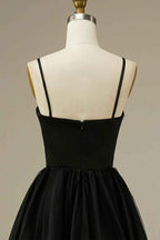 Elegant Black Tulle A Line Spaghetti Strap Midi Prom Dress With Built In Bra And Zipper Back For Evening Formal Parties