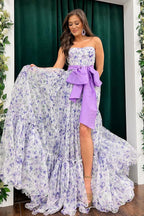Eleganti abiti lunghi da sera senza spalline in chiffon stampato floreale con spacco