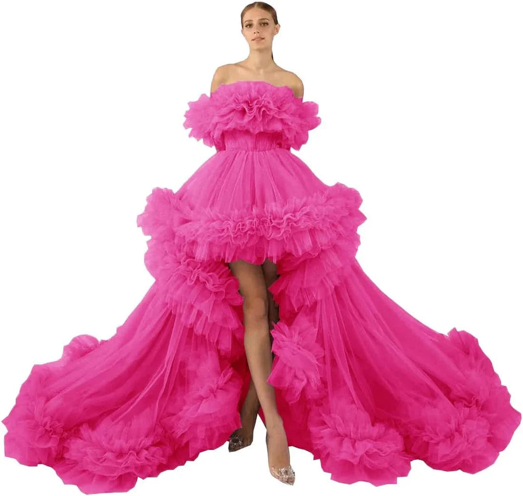 Robe de Tule Ruffles para Sessão Fotográfica de Gravidez Robe Transparente de Ombros Descobertos para Gravidez Vestido de Baile para Chá de Bebé