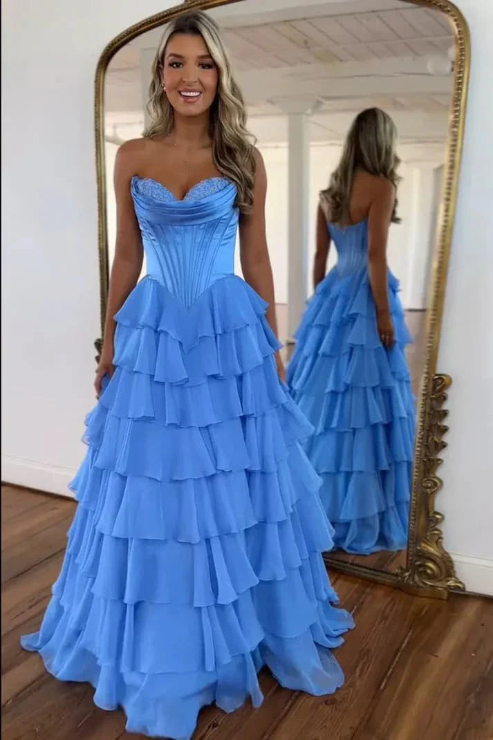 Abito da sera formale lungo a balze in chiffon con spacco, corpetto senza spalline, abito da ballo 2025 per donna
