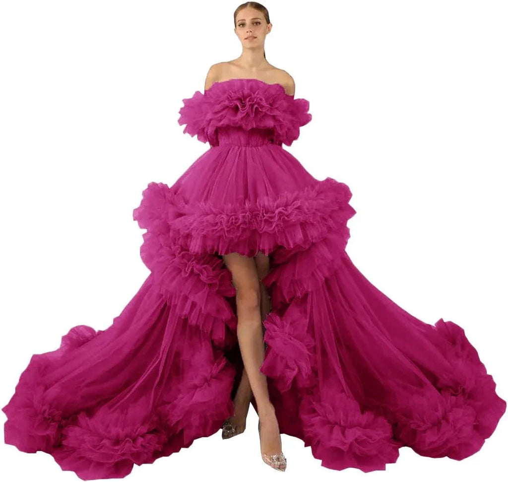 Robe de Tule Ruffles para Sessão Fotográfica de Gravidez Robe Transparente de Ombros Descobertos para Gravidez Vestido de Baile para Chá de Bebé