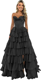 Abito da sera formale lungo a balze in chiffon con spacco, corpetto senza spalline, abito da ballo 2025 per donna