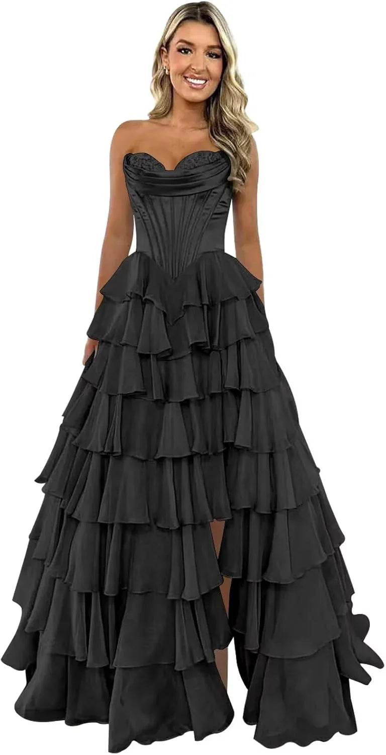 Abito da sera formale lungo a balze in chiffon con spacco, corpetto senza spalline, abito da ballo 2025 per donna