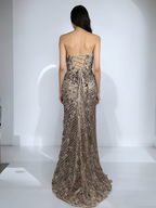 Abito da sera sirena senza spalline con paillettes champagne | Abito da ballo con schiena allacciata e strascico in pizzo
