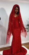 Ruby Heiress Hand Beaded Crimson Mermaid Gown With Crystal Encrusted Hooded Veil