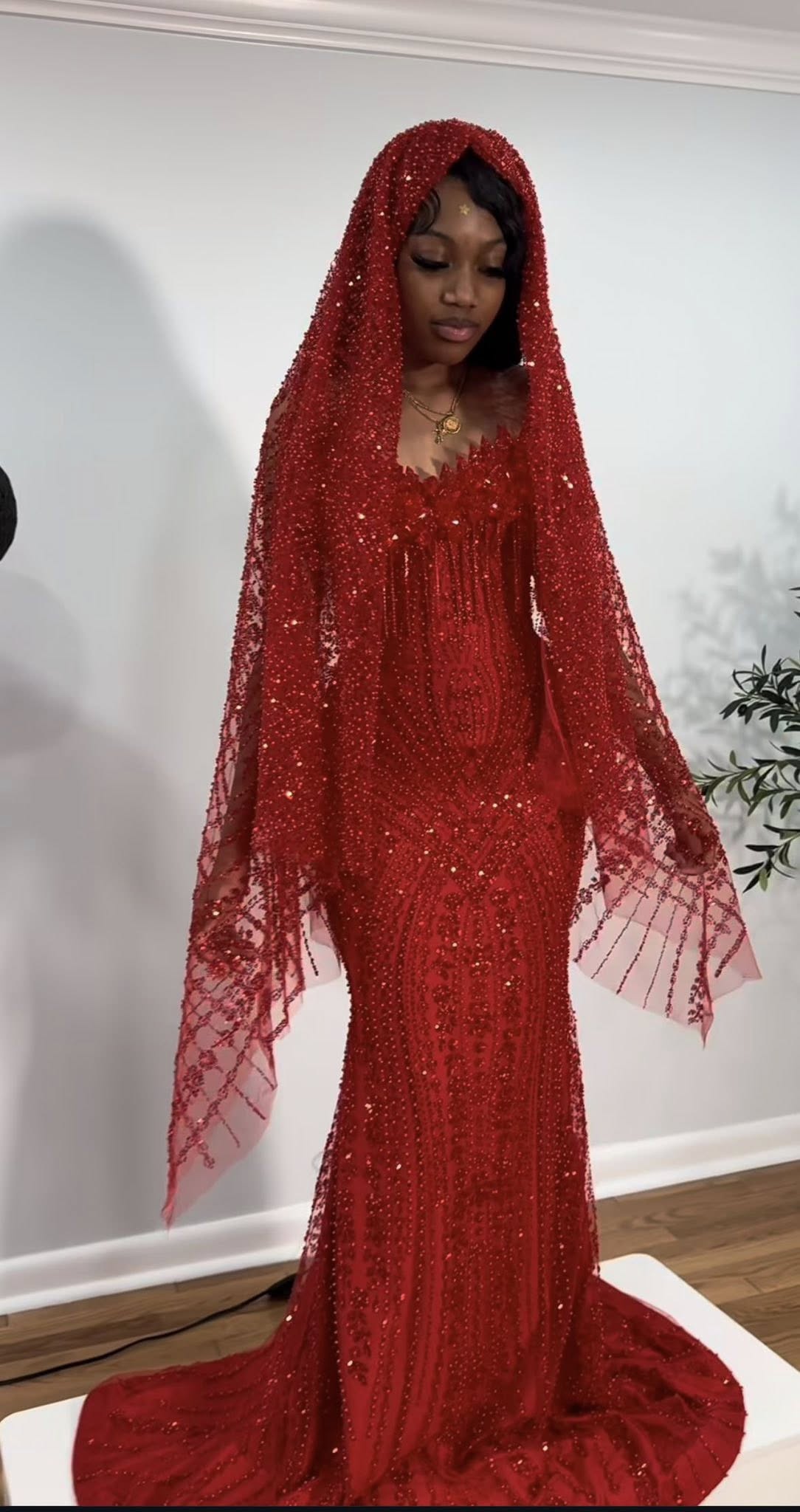 Ruby Heiress Hand Beaded Crimson Mermaid Gown With Crystal Encrusted Hooded Veil