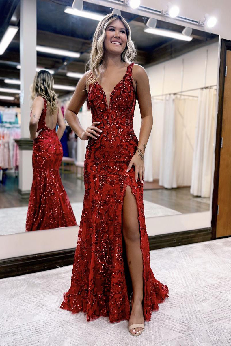 Vestido de fiesta de sirena con escote en V, lentejuelas y encaje con abertura