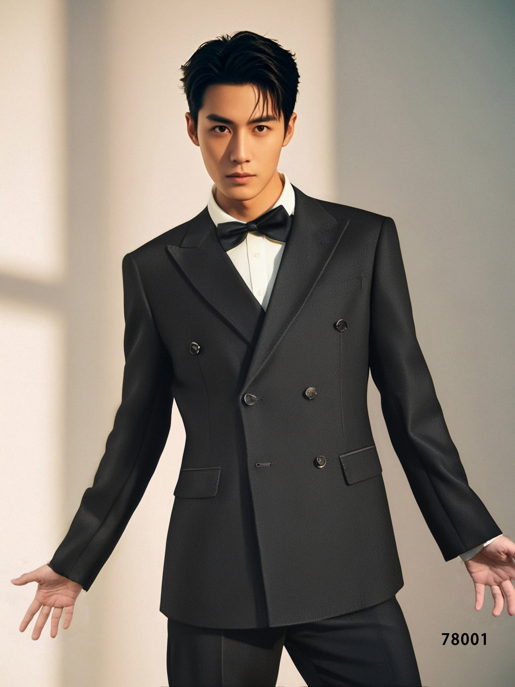 Esmoquin de Lana Negro de Dos Botonaduras con Solapas de Pico, Seis Botones, Clásico y Entallado para Novio