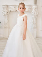 Elegant White Tulle Flower Girl Applique Lace Dress With Sweep Train