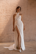 Halter Neck Sleeveless Long Mermaid Prom Dress With High Split Pleated