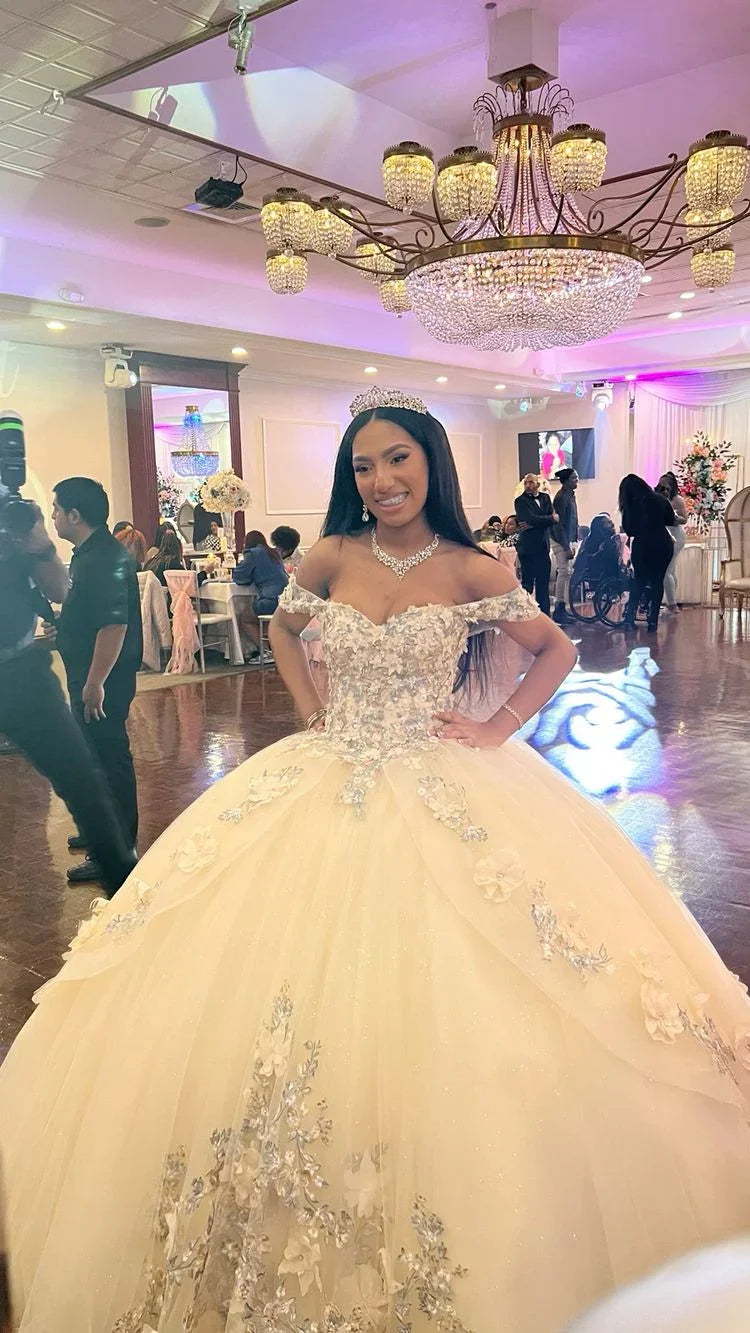 Abito color mela cotogna champagne con fiori abito da sedici anni dolce stile ballo con spalle scoperte Y3026