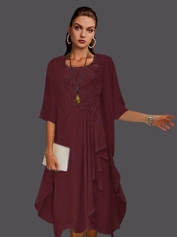 Vestidos de dos piezas con chaqueta sin mangas de encaje de gasa en línea A con pliegues y apliques