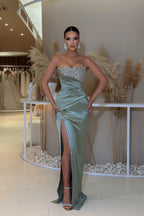 Dusty Sage Satin Mermaid Prom Dress With Beading And Slit Sweetheart Neckline