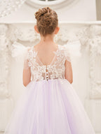 Detachable Lace Tulle Flower Girl Dress With Bow And Sweep Train