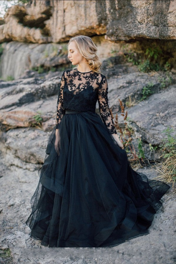 Unique Black Bateau Long Sleeves Ruffles A Line Wedding Dress Appliques Lace