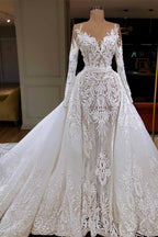 Glamorous Mermaid Lace Wedding Dress With Long Sleeves And Detachable Skirt