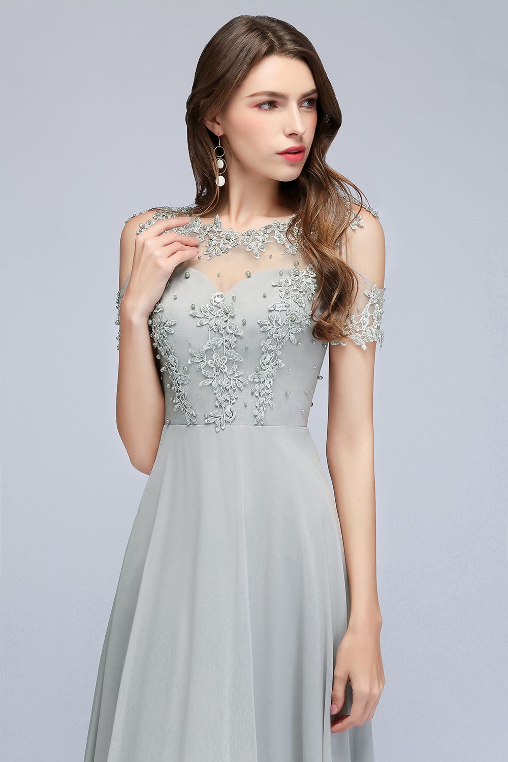BMbridal Short Sleeve Lace Appliques Chiffon A Line Floor Length Prom Dress