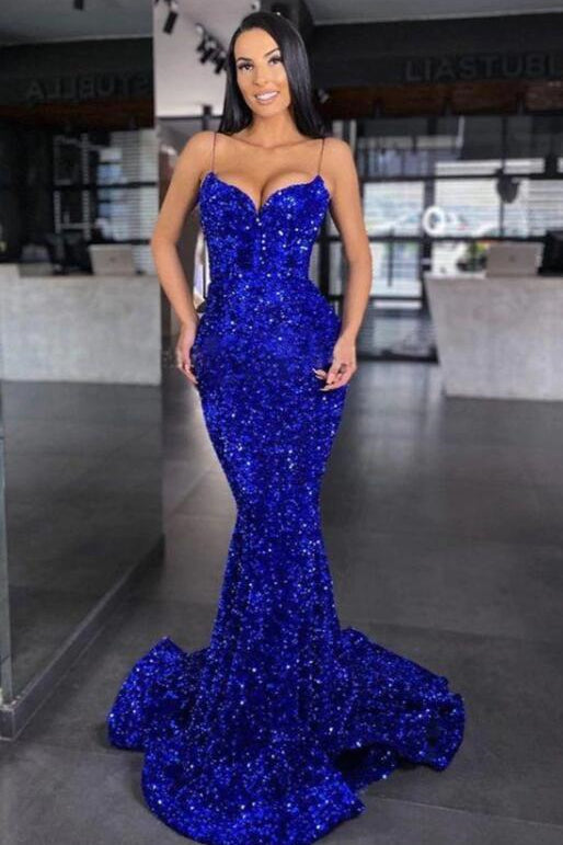 Royal Blue Long Sweetheart Spaghetti Strap Sequins Mermaid Prom Dress