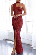 Abiti da sera formali e sensuali con collo a sciarpa, fenditura e paillettes in tinta unita