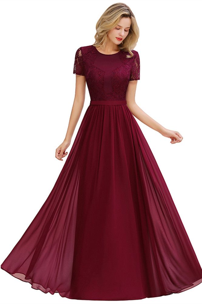 Chic A Line Chiffon Lace Bridesmaid Dress With Short Sleeves Empire Waist