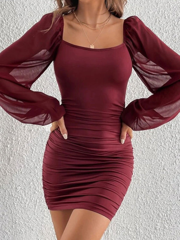 Loose Puff Sleeves Gauze Pleated See-Through Solid Color Split-Joint Square-Neck Evening Dresses Mini Dresses