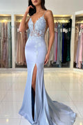 Mermaid Satin Lace Prom Dress With V Neck Spaghetti Straps Sleeveless With Slit