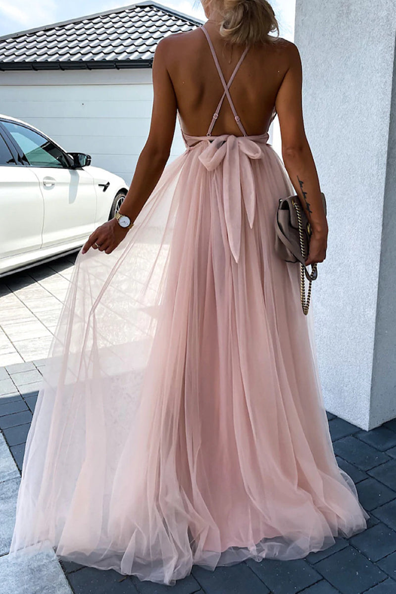 Abito da Sera con Scollo a V in Pizzo Solido e Trama Sexy