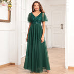 Short Sleeve Evening Dress Double V Neck Sequ Embroidery Stitching Long Party Dress Elegant A Line Tulle Dress