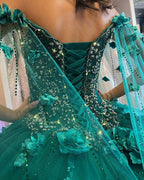 فستان كوينسينيرا أخضر زمردي مزهر مكشوف الكتفين، وصول جديد، فستان عيد السادسة عشرة، فستان حفلة كروية Y1226