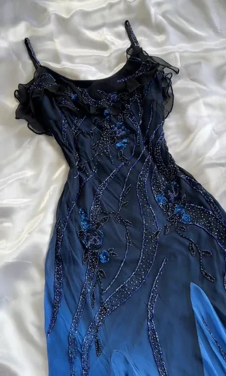 Vestido de noite formal luxuoso azul-marinho em chiffon com contas para festa e baile Y7529