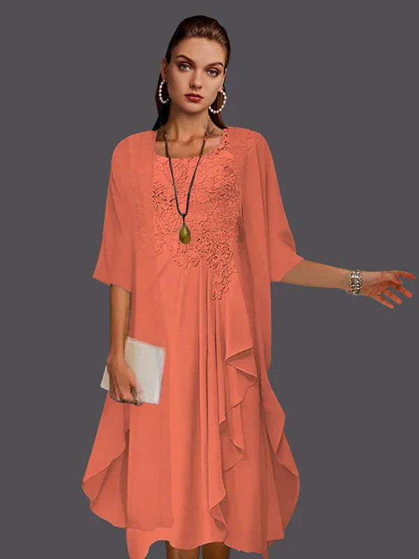 Vestidos de dos piezas con chaqueta sin mangas de encaje de gasa en línea A con pliegues y apliques