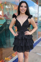 V-Neck Ruffle Lace-Up Tiered Short Party Dress