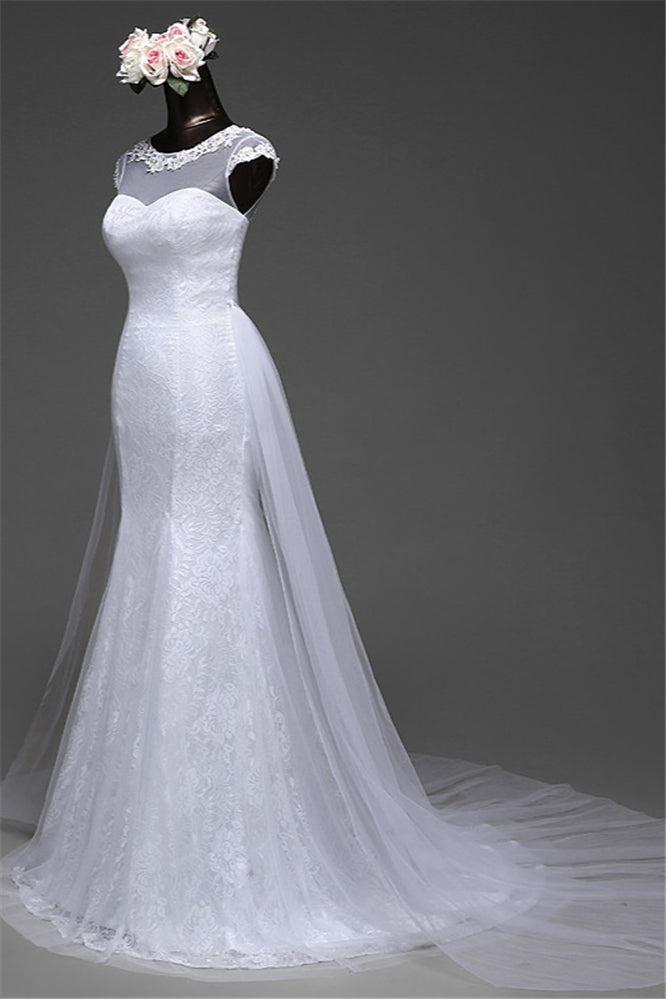 Beautiful Lace Long Mermaid Jewel Wedding Dress With Tulle Overskirt