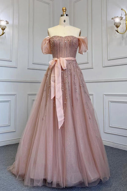 Vestido formal de fiesta largo con corte A y hombros descubiertos, mangas abullonadas