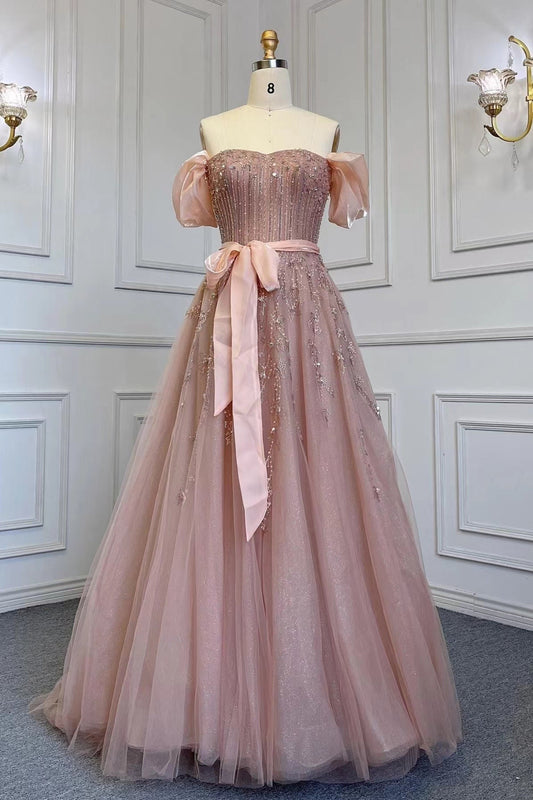 Long A-line Off The Shoulder Bubble Sleeves Formal Prom Dress